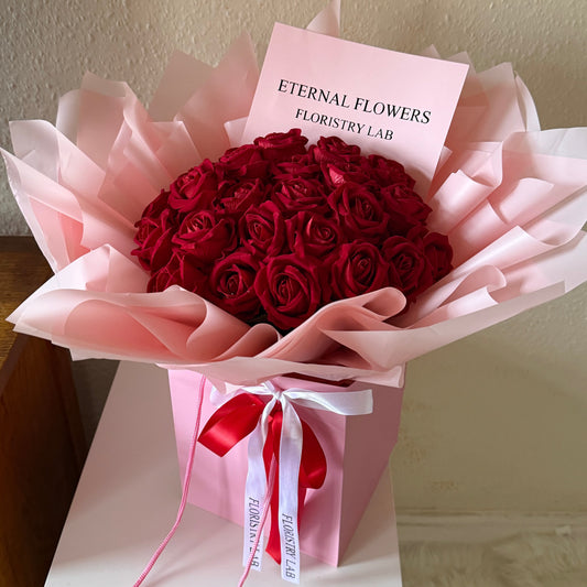 24 Red Eternal Roses - Pink Wrap
