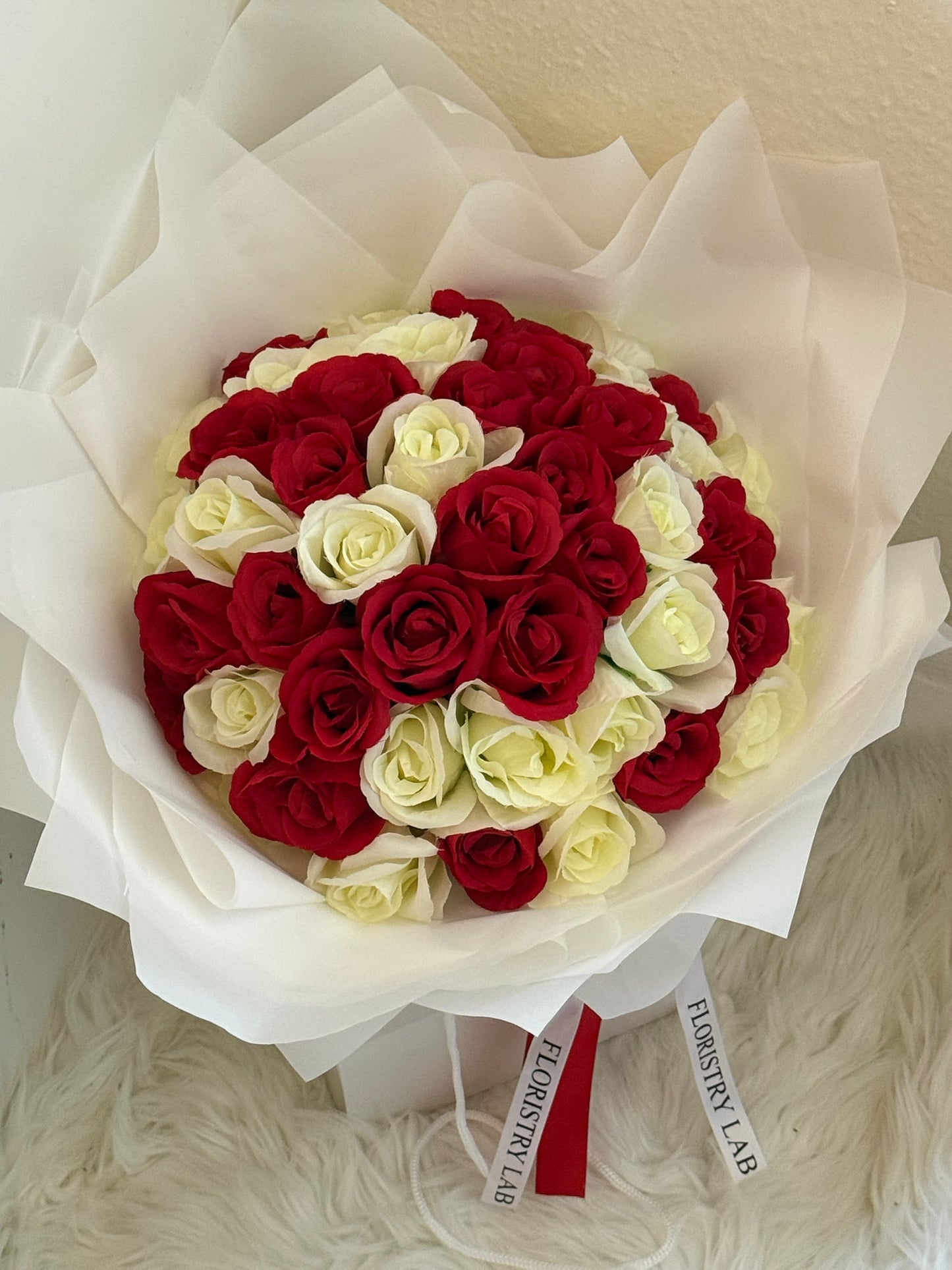 50 Red & Cream Eternal Roses