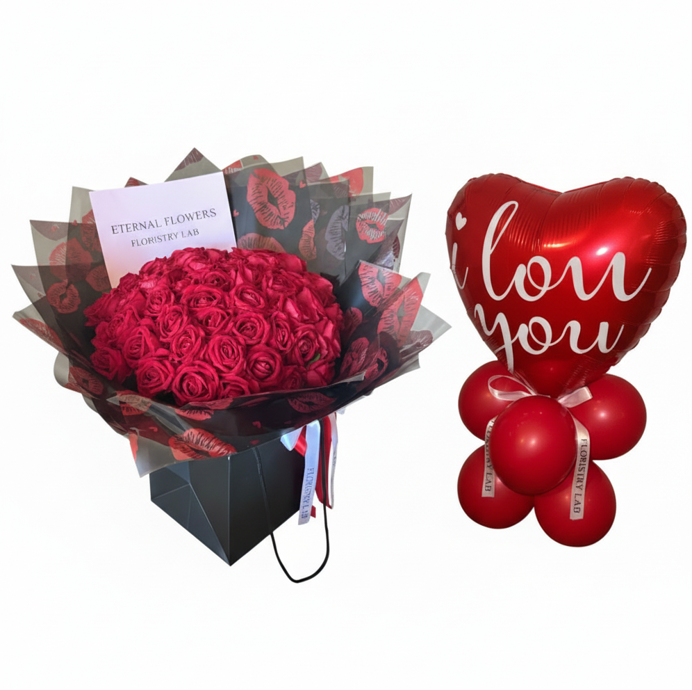 50 Red Eternal Roses I Love You Balloon Bundle