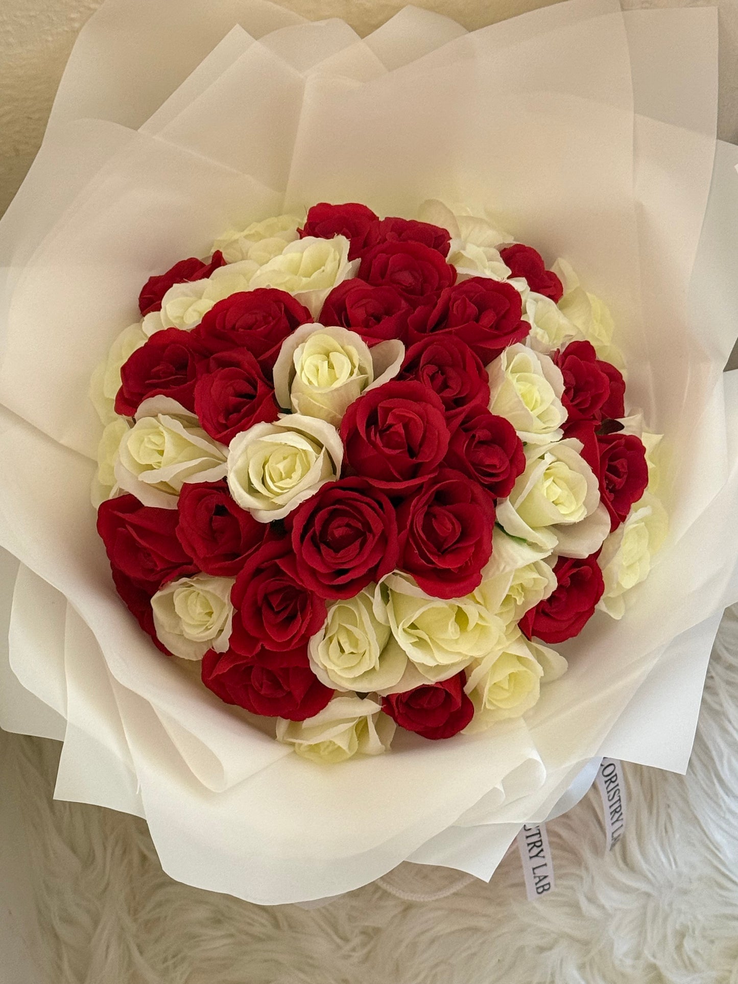 50 Red & Cream Eternal Roses