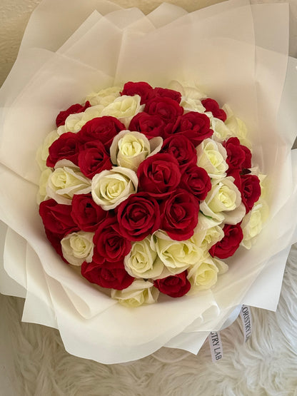 50 Red & Cream Eternal Roses