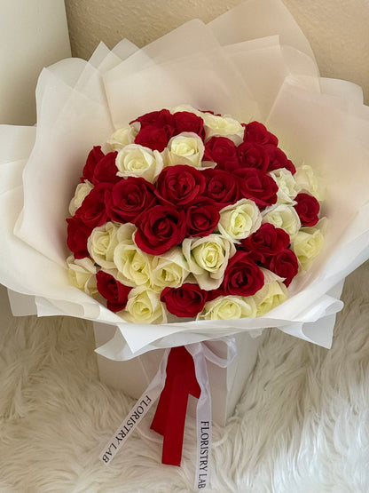 50 Red & Cream Eternal Roses