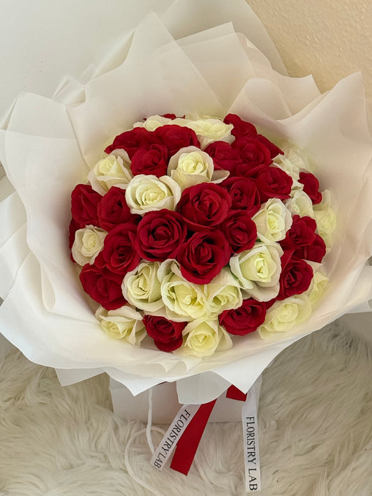 50 Red & Cream Eternal Roses