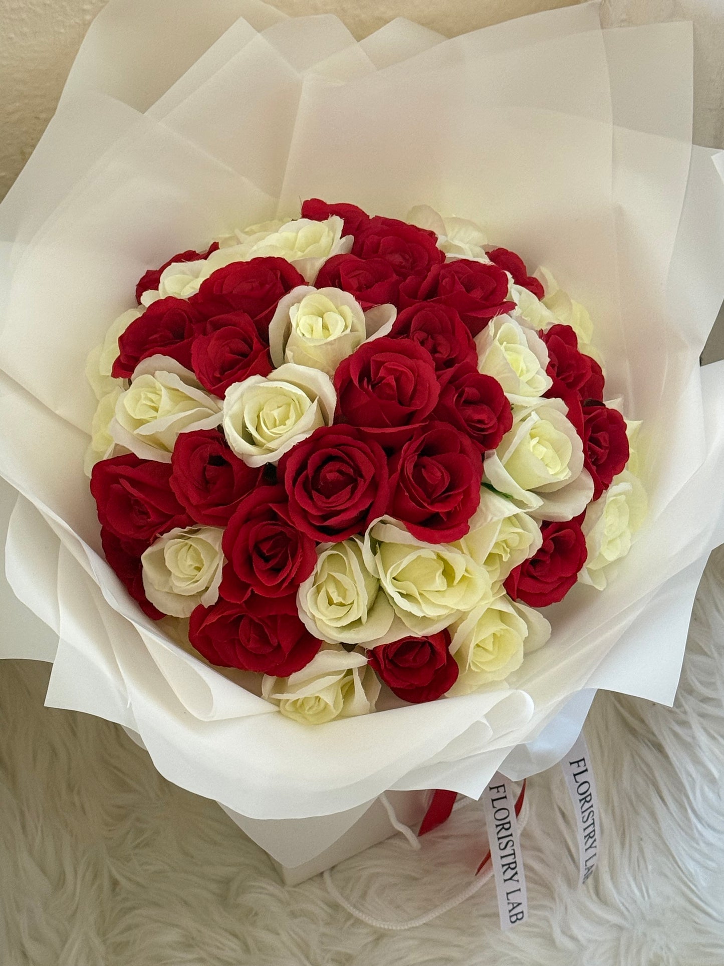 50 Red & Cream Eternal Roses