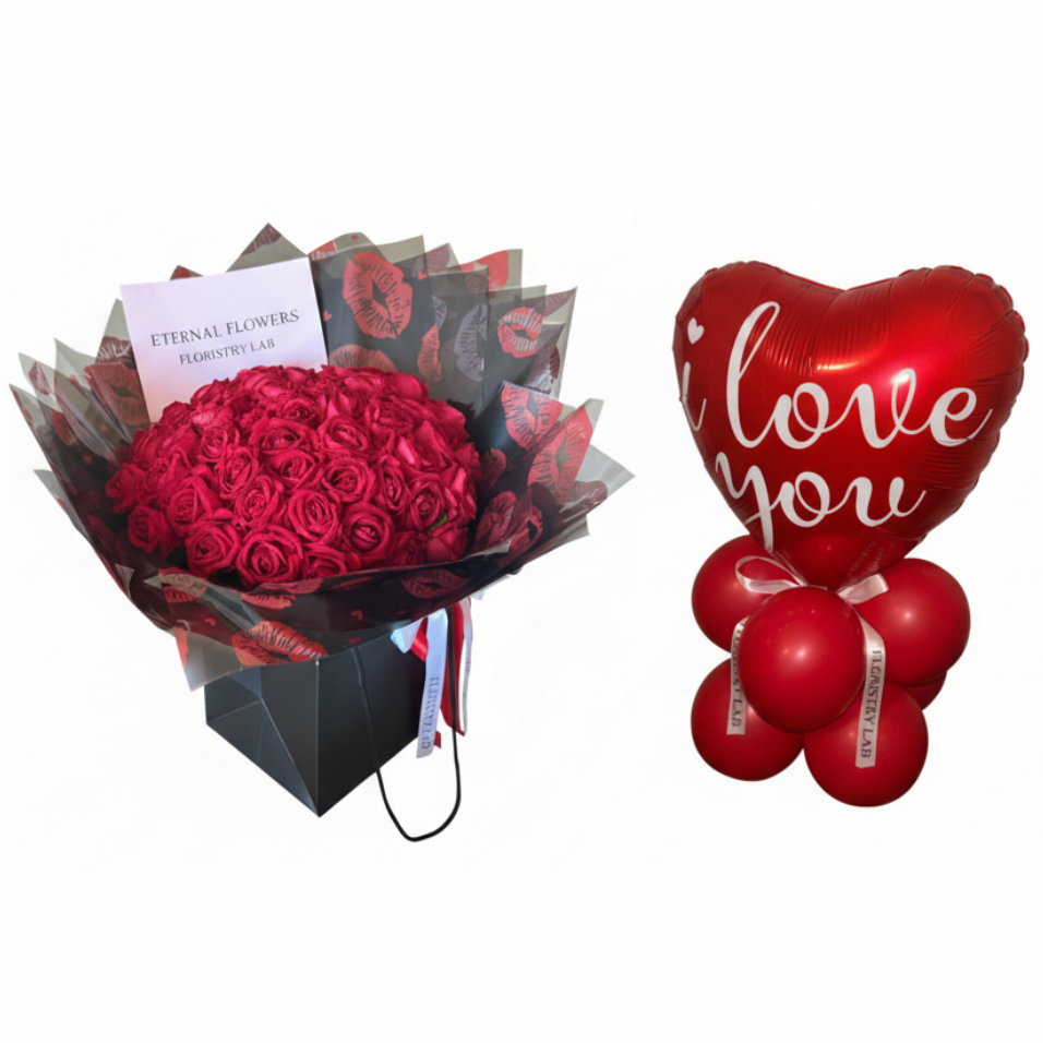 50 Red Eternal Roses I Love You Balloon Bundle